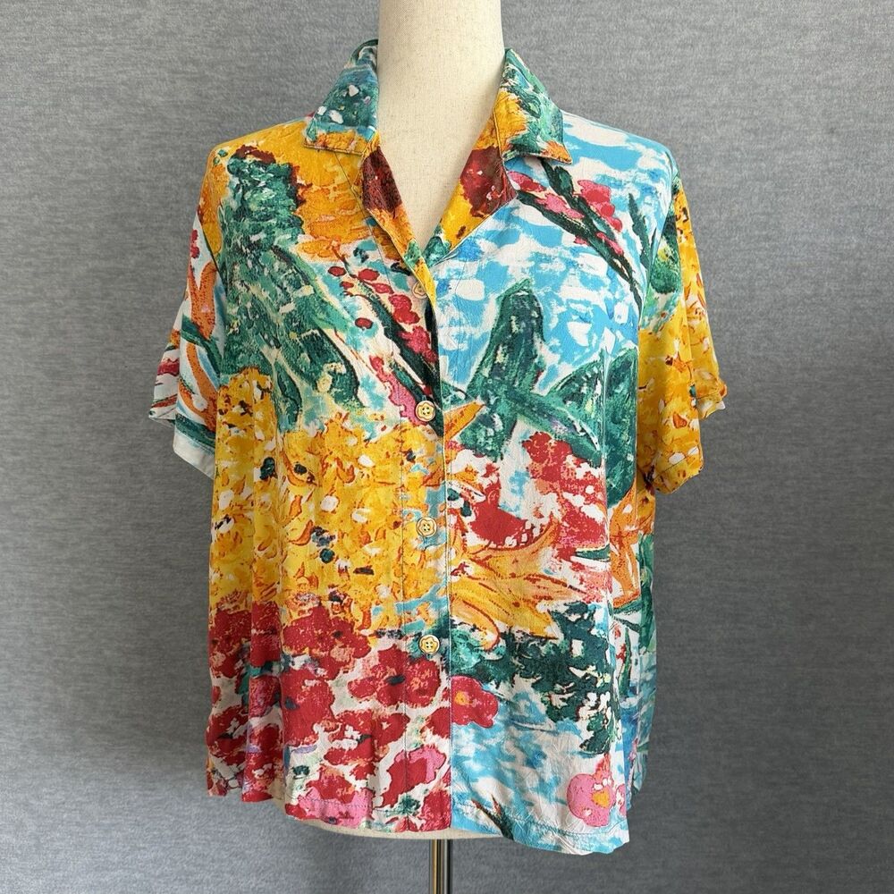 Jams World Hawaiian Shirt Sunflowers Womens M Doyle Aloha Button Up Abstract Vtg